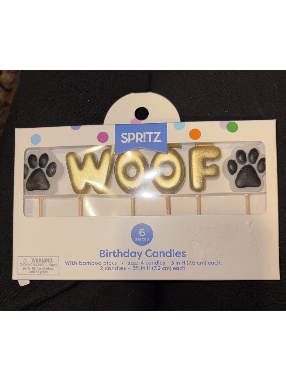 Spritz Paw Print & Letter Birthday Cake Candles Gold Black White 6 Pack 3in